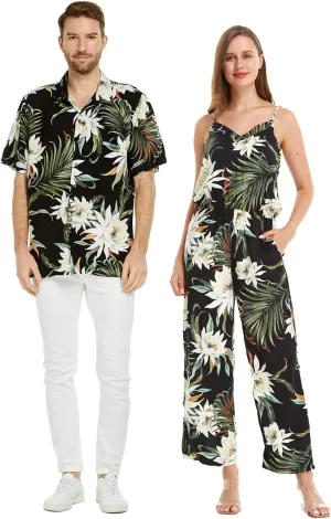 Matchable Couple Hawaiian Luau Shirt or V-Neck Jumpsuit with Pockets in Wispy Cereus Black