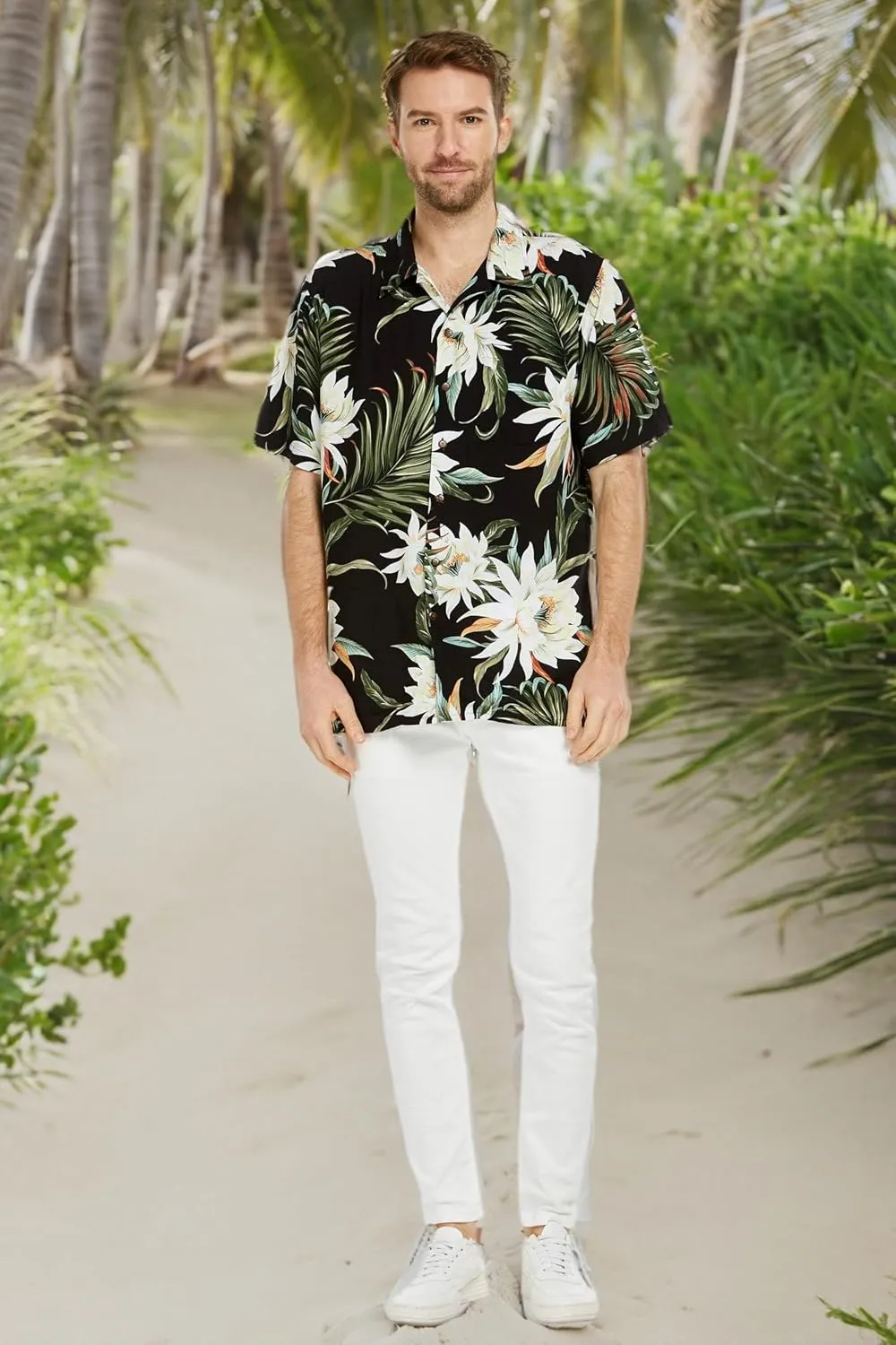 Matchable Couple Hawaiian Luau Shirt or V-Neck Jumpsuit with Pockets in Wispy Cereus Black
