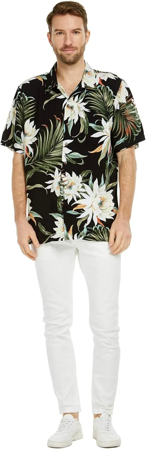 Matchable Couple Hawaiian Luau Shirt or V-Neck Jumpsuit with Pockets in Wispy Cereus Black