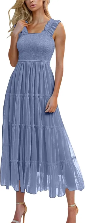 Maxi Tulle Sundress for Women Sleeveless Smocked Tiered Boho Dresses High Waisted Ruffle Strap Flowy Long Dress