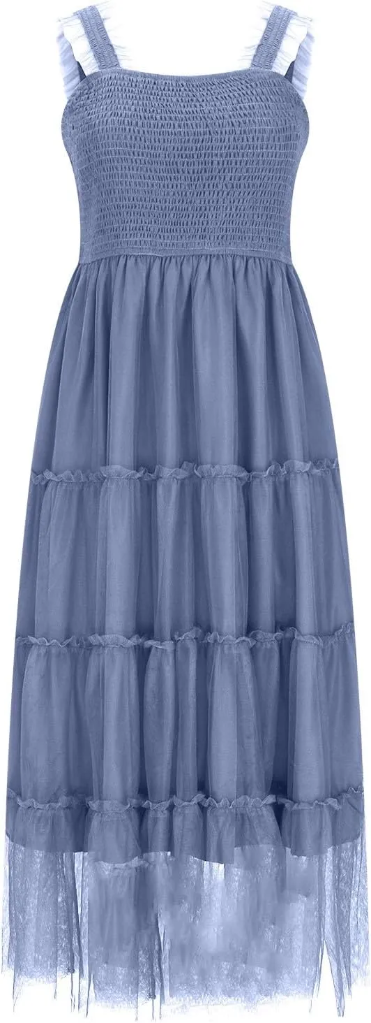 Maxi Tulle Sundress for Women Sleeveless Smocked Tiered Boho Dresses High Waisted Ruffle Strap Flowy Long Dress