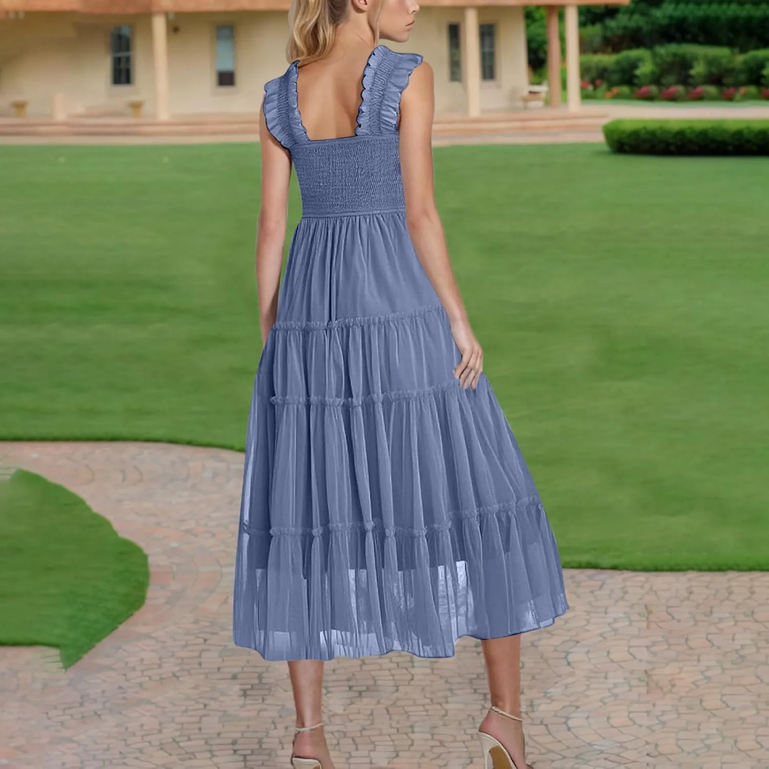 Maxi Tulle Sundress for Women Sleeveless Smocked Tiered Boho Dresses High Waisted Ruffle Strap Flowy Long Dress