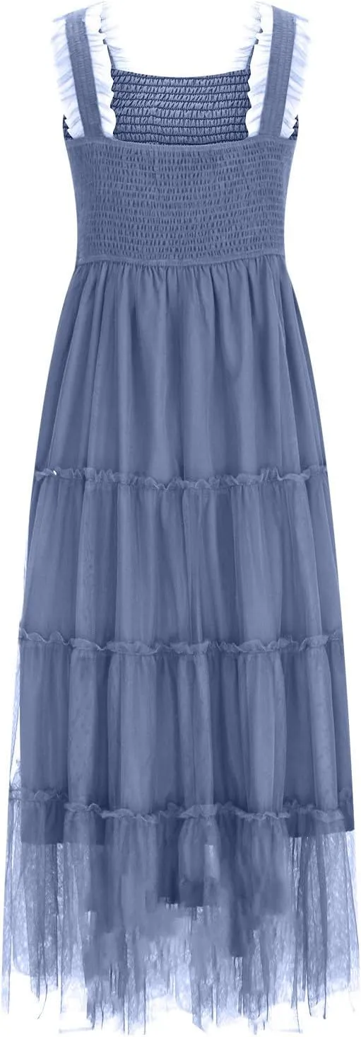 Maxi Tulle Sundress for Women Sleeveless Smocked Tiered Boho Dresses High Waisted Ruffle Strap Flowy Long Dress