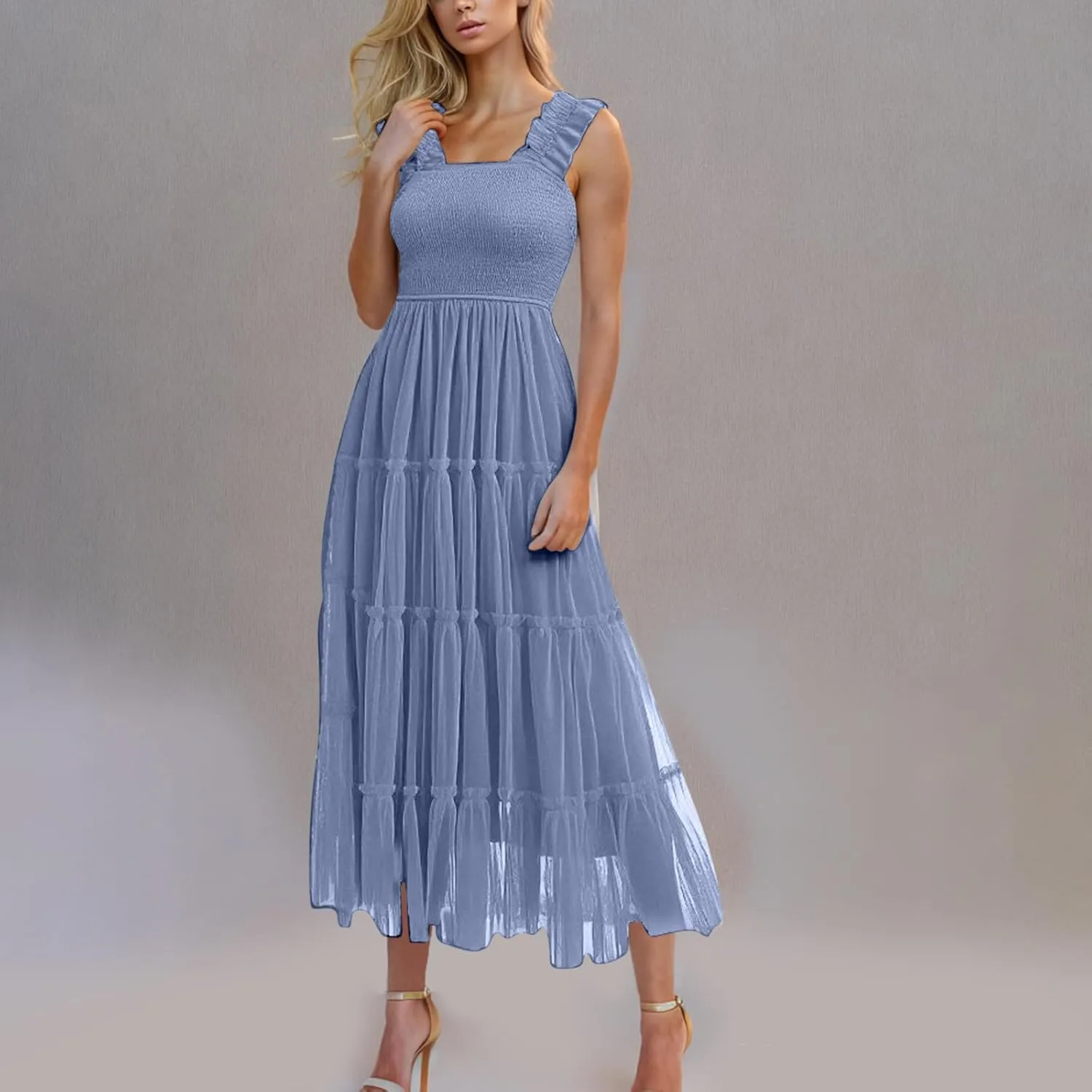 Maxi Tulle Sundress for Women Sleeveless Smocked Tiered Boho Dresses High Waisted Ruffle Strap Flowy Long Dress