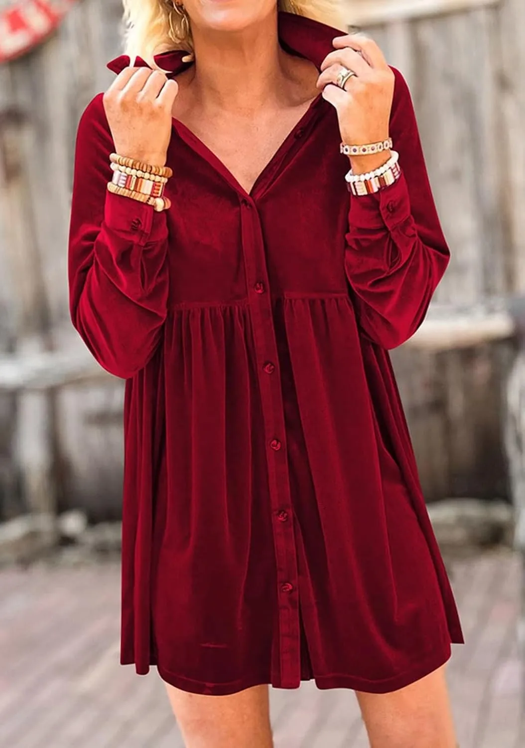Melliflo Womens Velvet Dress Button Down T Shirt 3/4 Sleeve Tunic Tops Casual Lapel Babydoll Mini Dress