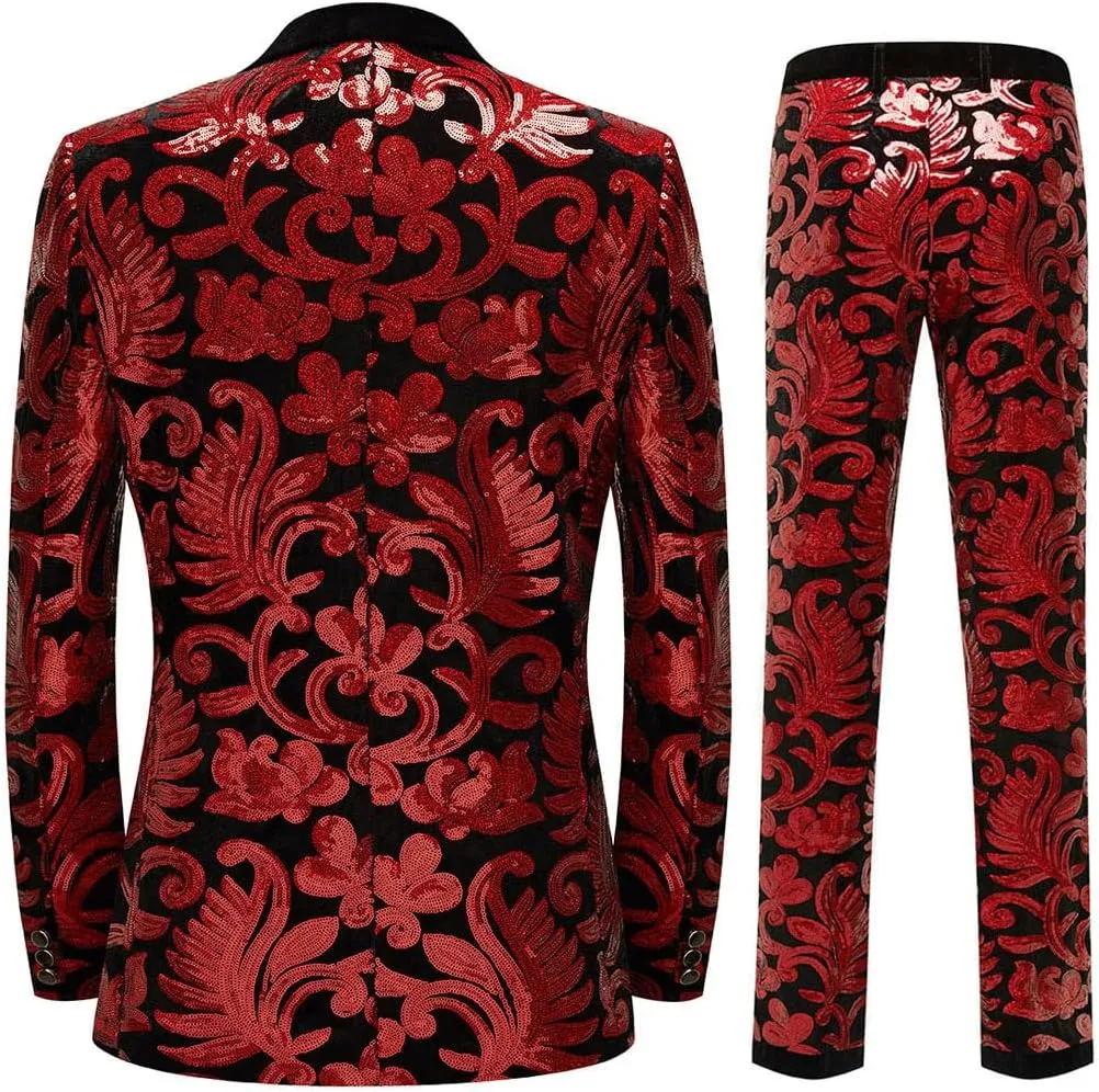 Men Fashionable Floral Pattern Sequins Two Pieces Set Suits