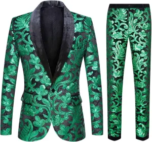 Men Fashionable Floral Pattern Sequins Two Pieces Set Suits