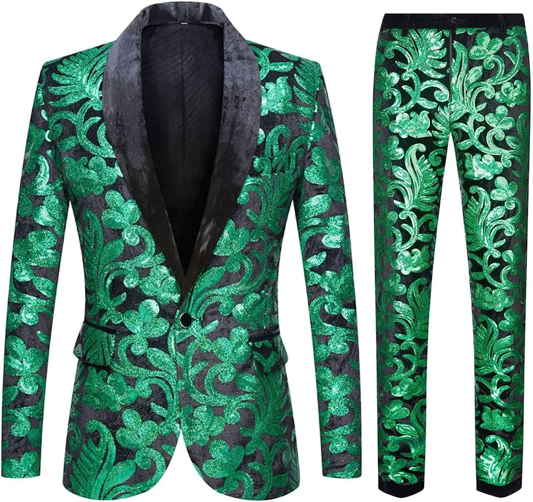 Men Fashionable Floral Pattern Sequins Two Pieces Set Suits