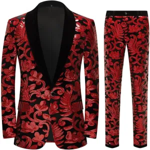 Men Fashionable Floral Pattern Sequins Two Pieces Set Suits