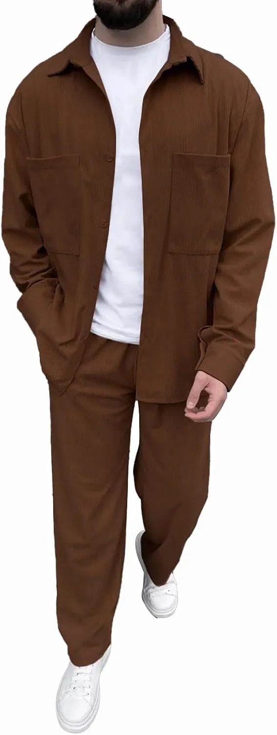 Men's Corduroy Set Lapel Button Long Sleeve Knitted Shirt Tops Elastic Waist Straight Leg Trousers Fashion Tracksuit