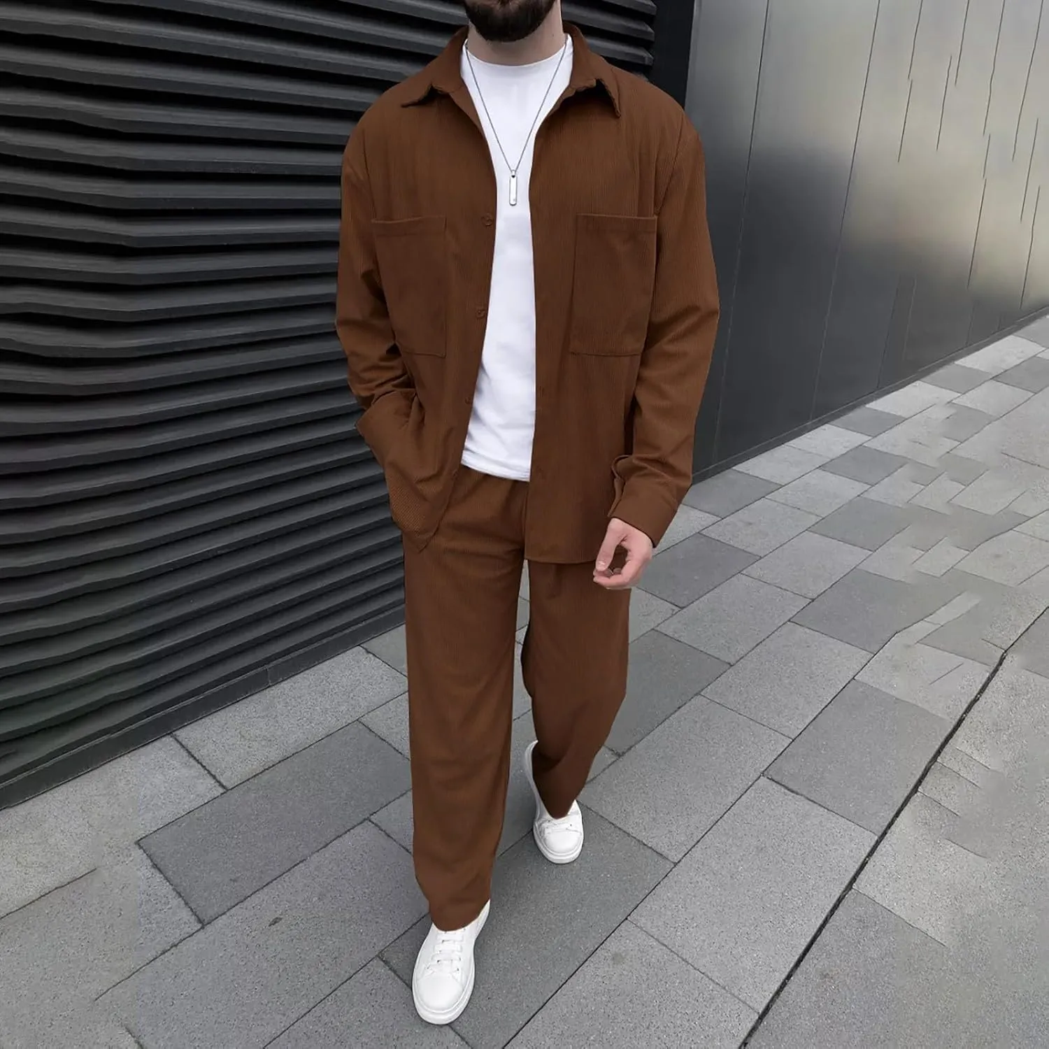 Men's Corduroy Set Lapel Button Long Sleeve Knitted Shirt Tops Elastic Waist Straight Leg Trousers Fashion Tracksuit
