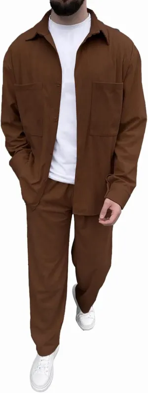 Men's Corduroy Set Lapel Button Long Sleeve Knitted Shirt Tops Elastic Waist Straight Leg Trousers Fashion Tracksuit