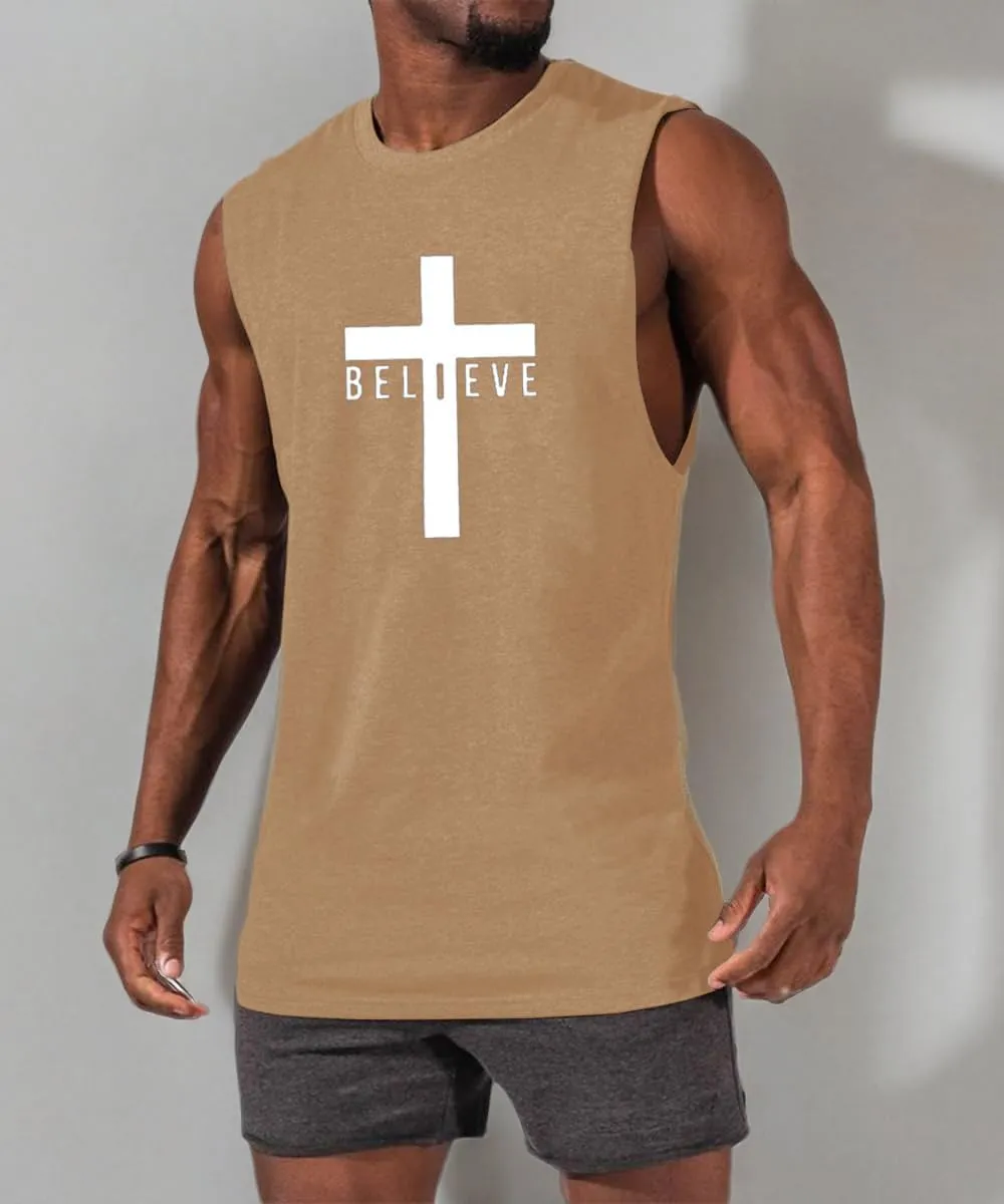 Men's Cotton Graphic Tank Tops Jesus Cross Believe Printed Faith Christian Shirts