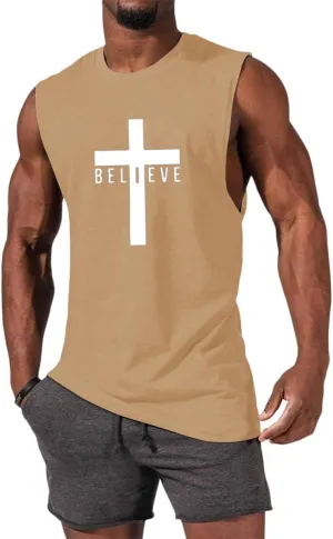 Men's Cotton Graphic Tank Tops Jesus Cross Believe Printed Faith Christian Shirts