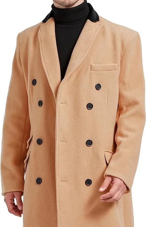 Mens Double Breasted Cashmere & Wool Overcoat Winter with Velvet Collar