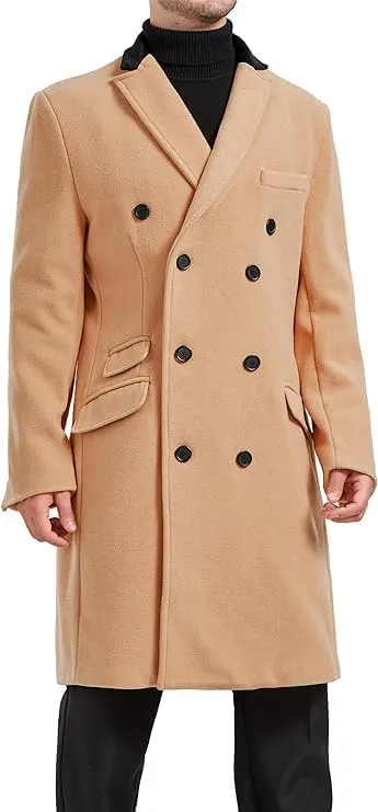 Mens Double Breasted Cashmere & Wool Overcoat Winter with Velvet Collar
