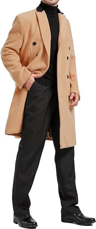 Mens Double Breasted Cashmere & Wool Overcoat Winter with Velvet Collar
