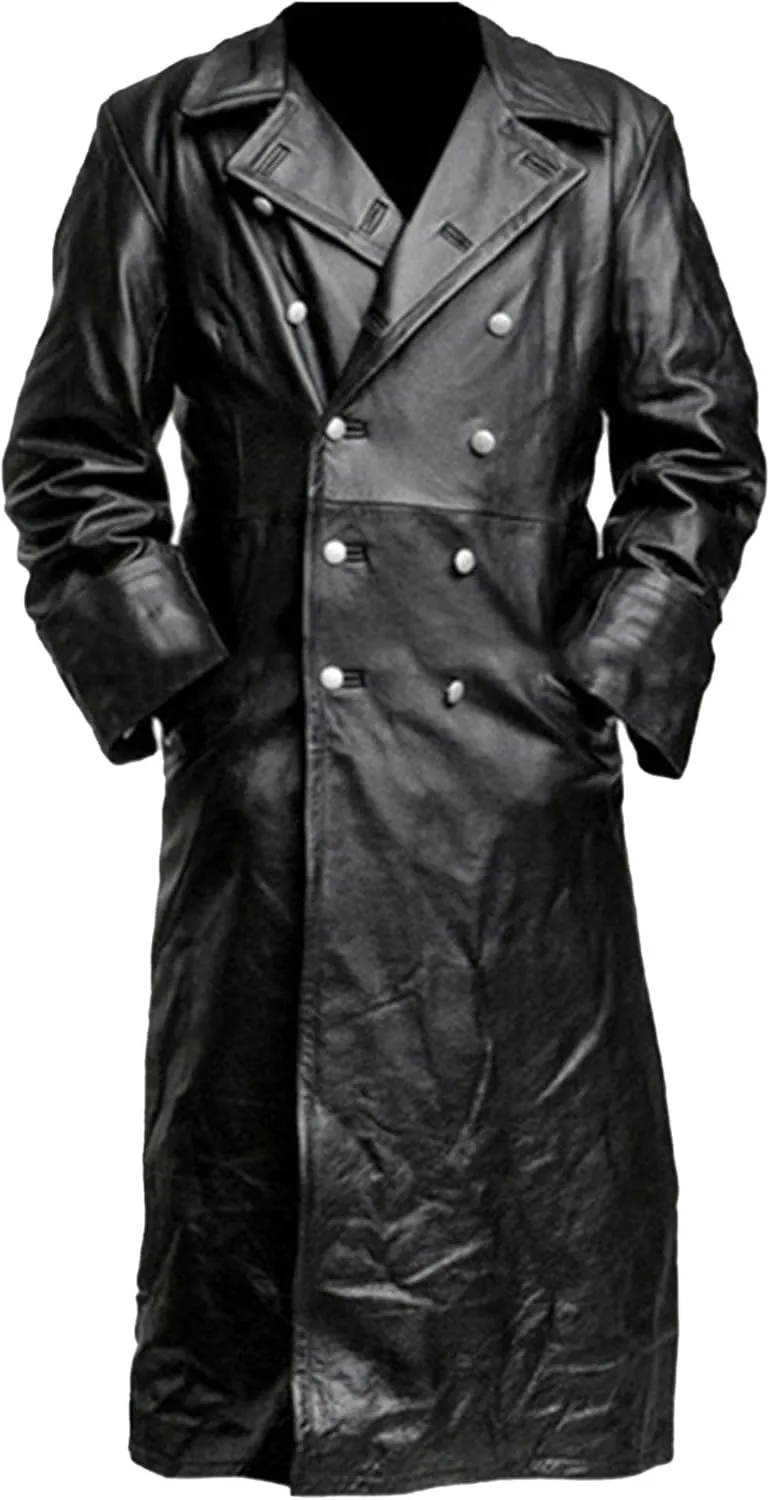 Mens Double Breasted Leather Trench Coat Military Uniform Full-Length Overcoat Vintage Motorcycle Long Jakcet