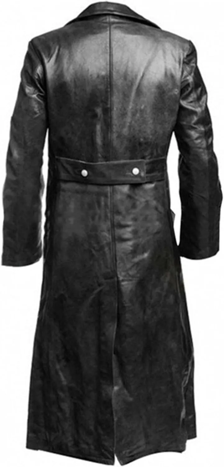 Mens Double Breasted Leather Trench Coat Military Uniform Full-Length Overcoat Vintage Motorcycle Long Jakcet