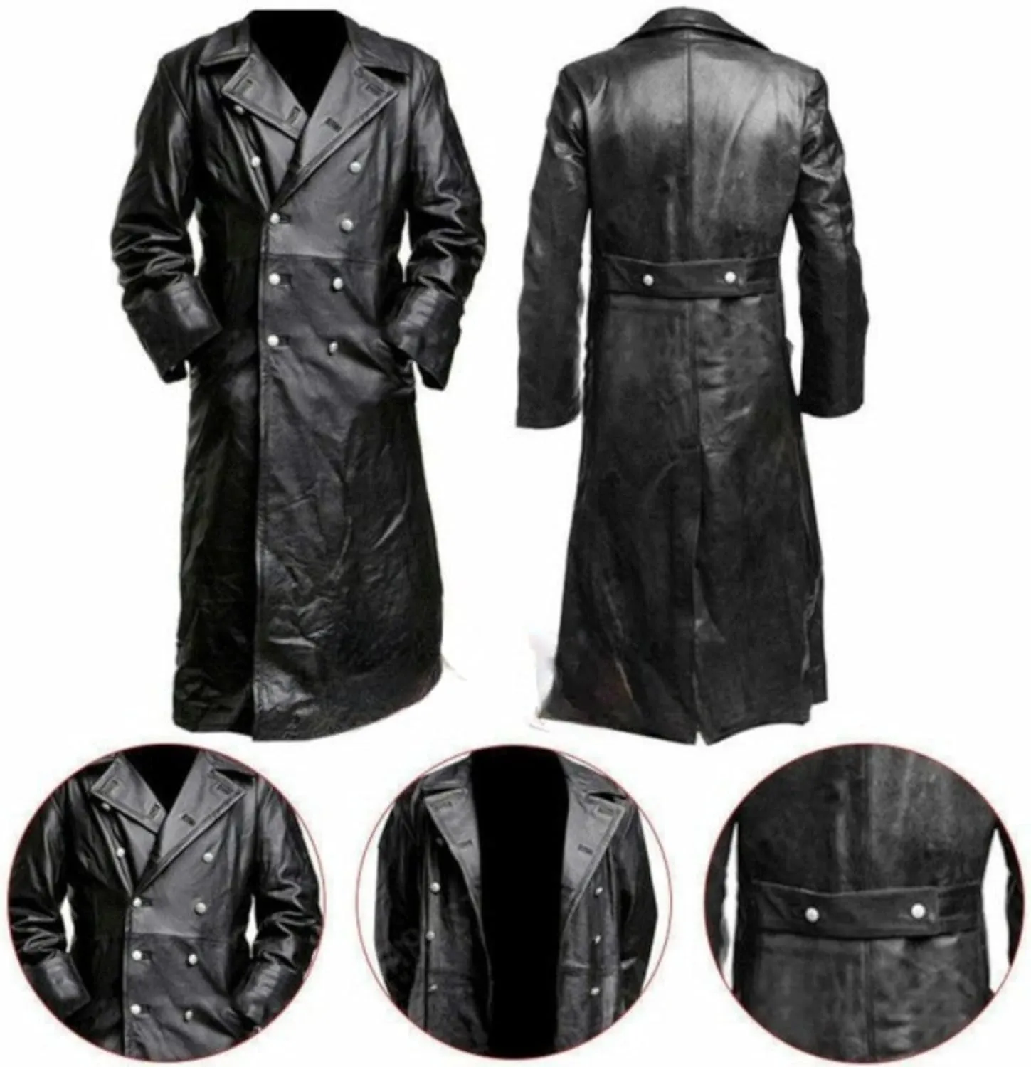 Mens Double Breasted Leather Trench Coat Military Uniform Full-Length Overcoat Vintage Motorcycle Long Jakcet