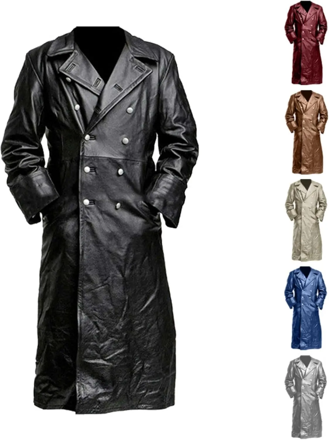 Mens Double Breasted Leather Trench Coat Military Uniform Full-Length Overcoat Vintage Motorcycle Long Jakcet