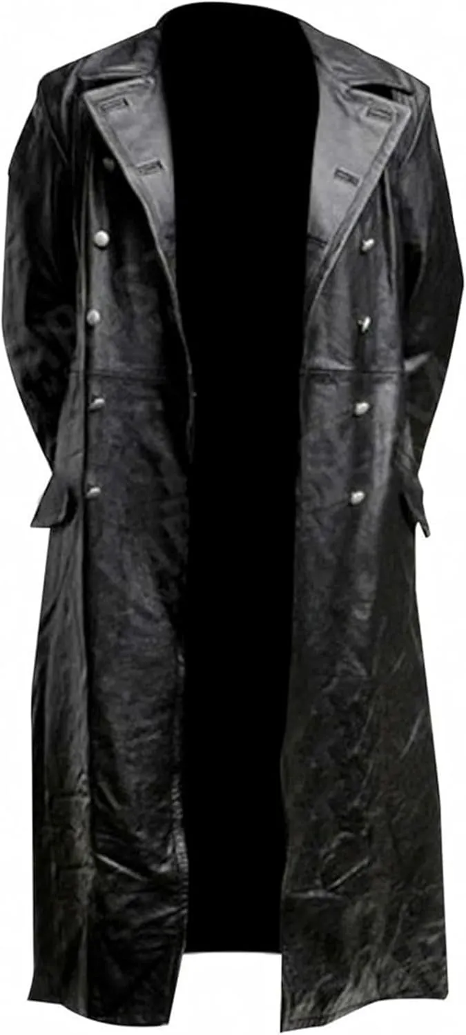 Mens Double Breasted Leather Trench Coat Military Uniform Full-Length Overcoat Vintage Motorcycle Long Jakcet