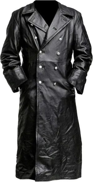 Mens Double Breasted Leather Trench Coat Military Uniform Full-Length Overcoat Vintage Motorcycle Long Jakcet