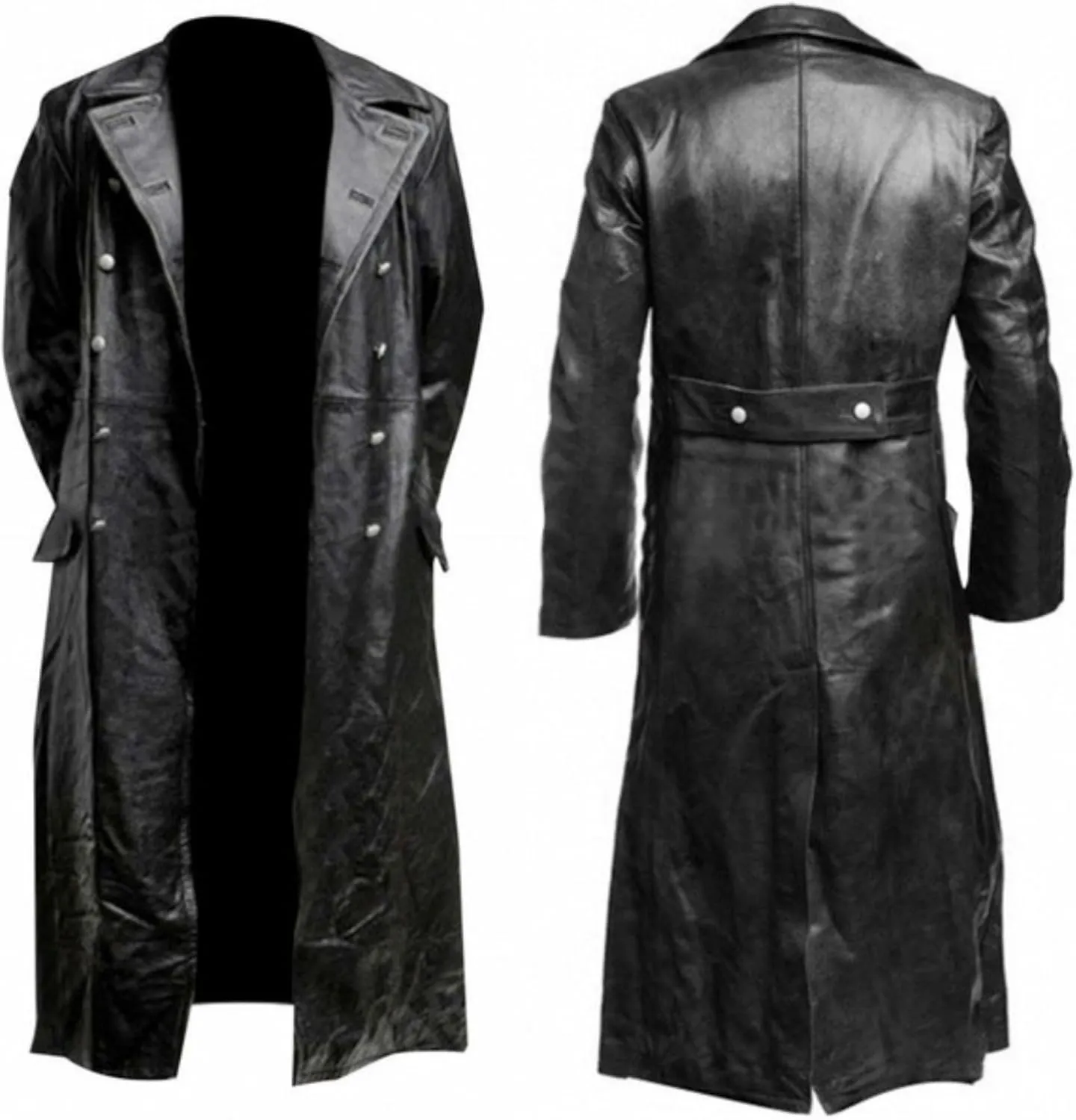 Mens Double Breasted Leather Trench Coat Military Uniform Full-Length Overcoat Vintage Motorcycle Long Jakcet
