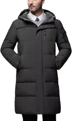 Men's Long Down Jacket with Hood Thickened Warm Cotton-Padded Winter Coat with Pockets Loose Version
