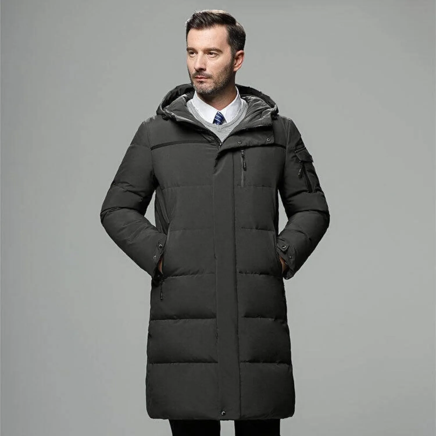 Men's Long Down Jacket with Hood Thickened Warm Cotton-Padded Winter Coat with Pockets Loose Version
