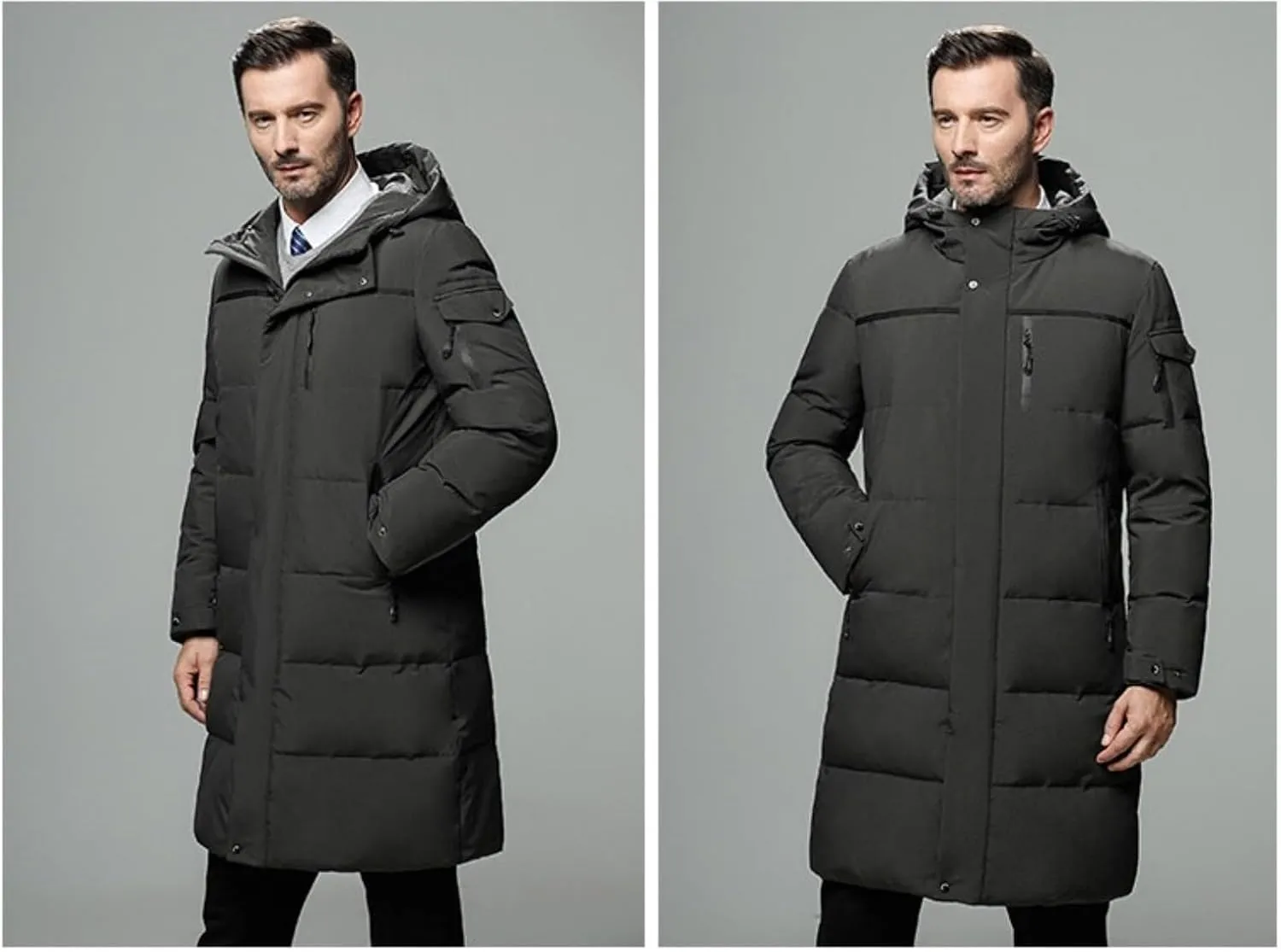 Men's Long Down Jacket with Hood Thickened Warm Cotton-Padded Winter Coat with Pockets Loose Version
