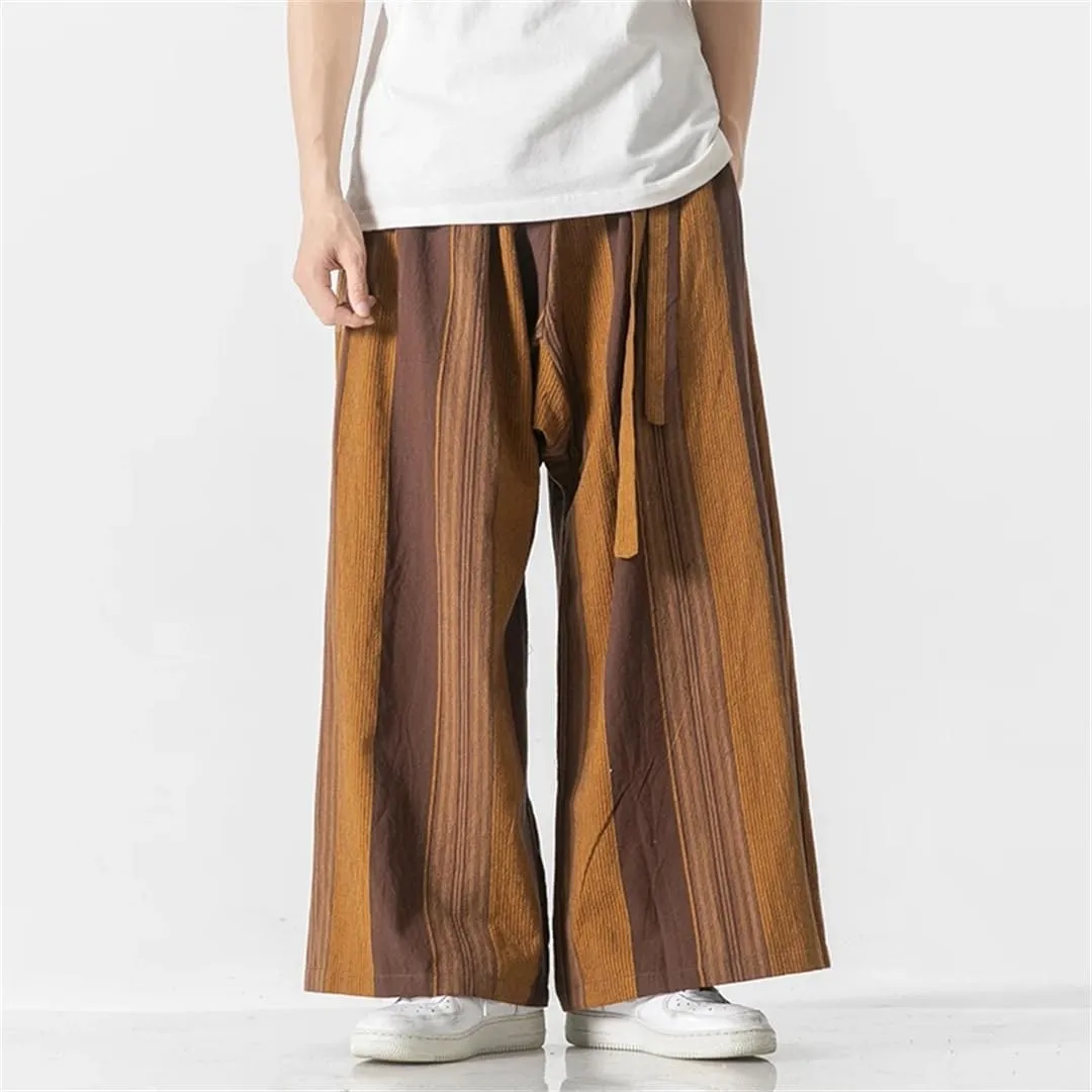 Men's Oversized Striped Wide-Leg Pants, Cotton Casual Trousers, Japanese Hip-Hop Harem Pants