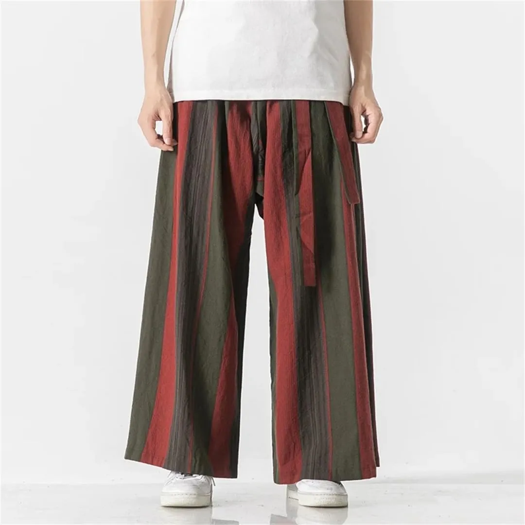 Men's Oversized Striped Wide-Leg Pants, Cotton Casual Trousers, Japanese Hip-Hop Harem Pants