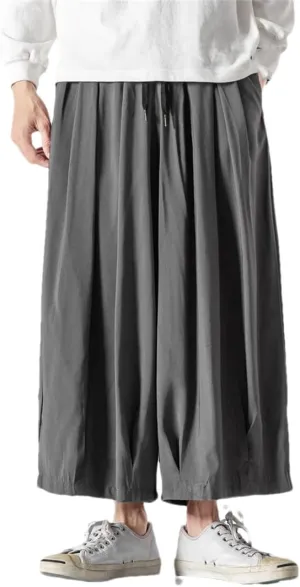 Men's Solid Cotton Hip-Hop Wide-Leg Pants, Loose Crotch Pants, Jogging Nine-Point Harem Pants