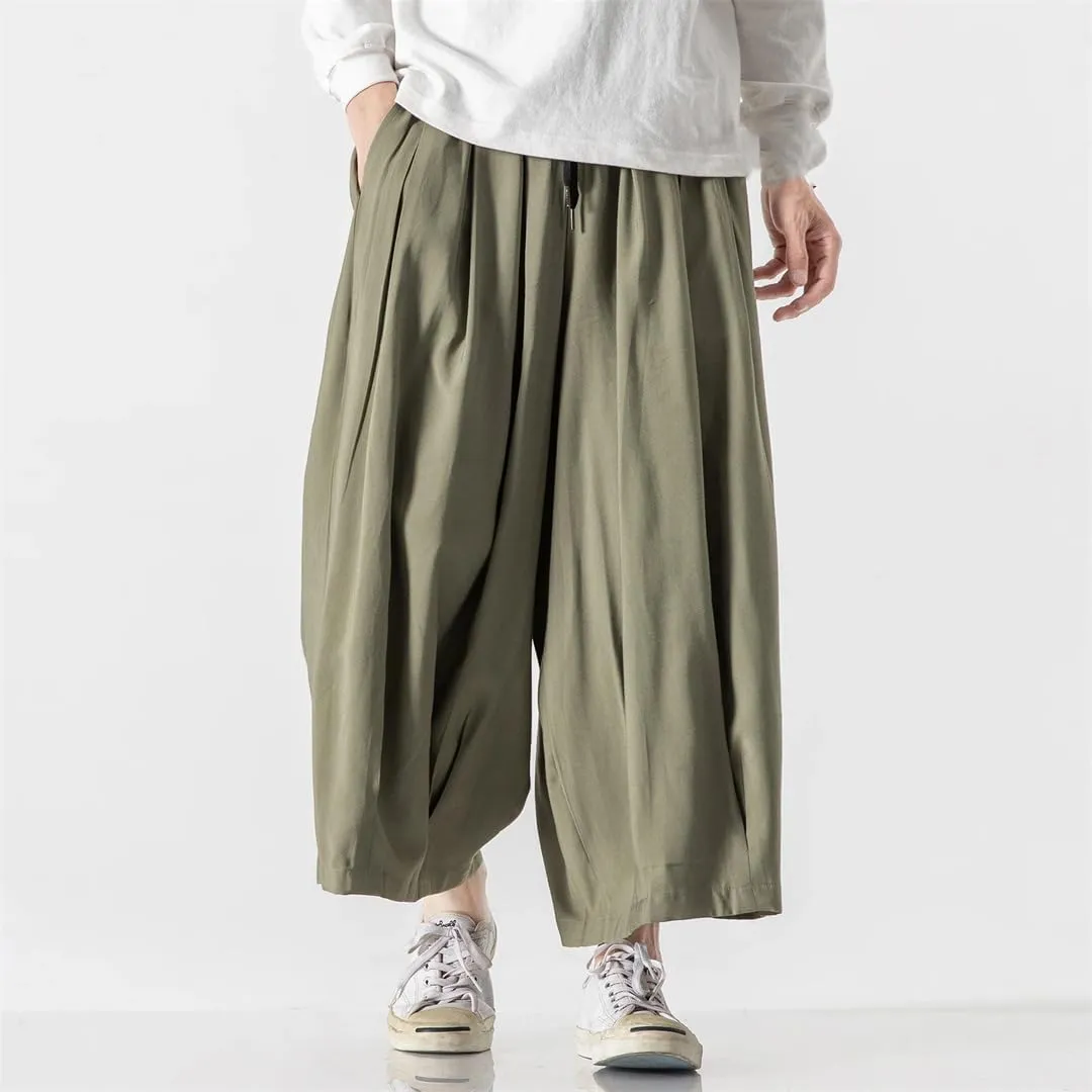 Men's Solid Cotton Hip-Hop Wide-Leg Pants, Loose Crotch Pants, Jogging Nine-Point Harem Pants