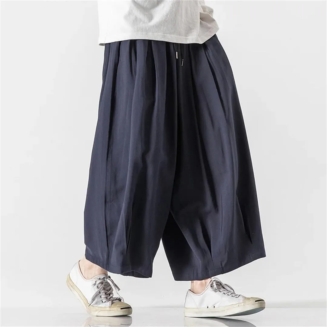 Men's Solid Cotton Hip-Hop Wide-Leg Pants, Loose Crotch Pants, Jogging Nine-Point Harem Pants