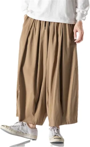 Men's Solid Cotton Hip-Hop Wide-Leg Pants, Loose Crotch Pants, Jogging Nine-Point Harem Pants