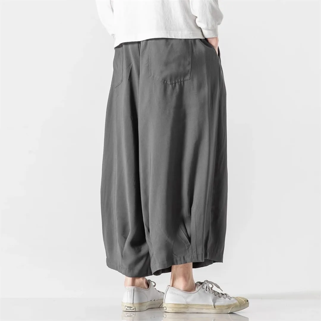 Men's Solid Cotton Hip-Hop Wide-Leg Pants, Loose Crotch Pants, Jogging Nine-Point Harem Pants