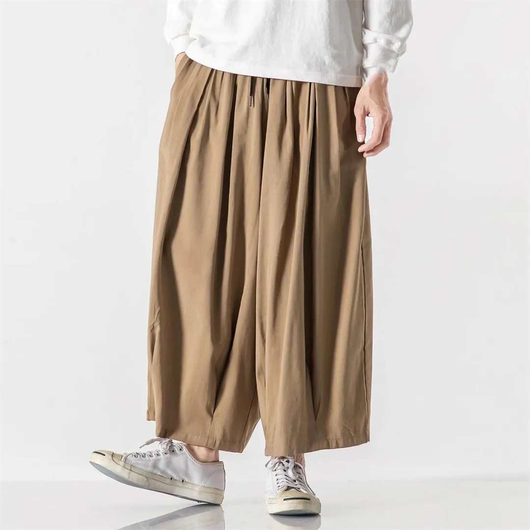 Men's Solid Cotton Hip-Hop Wide-Leg Pants, Loose Crotch Pants, Jogging Nine-Point Harem Pants