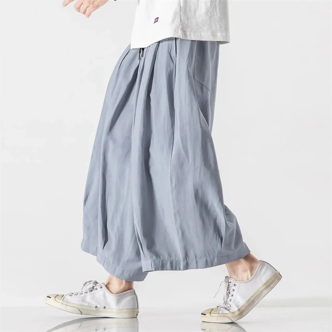 Men's Solid Cotton Hip-Hop Wide-Leg Pants, Loose Crotch Pants, Jogging Nine-Point Harem Pants