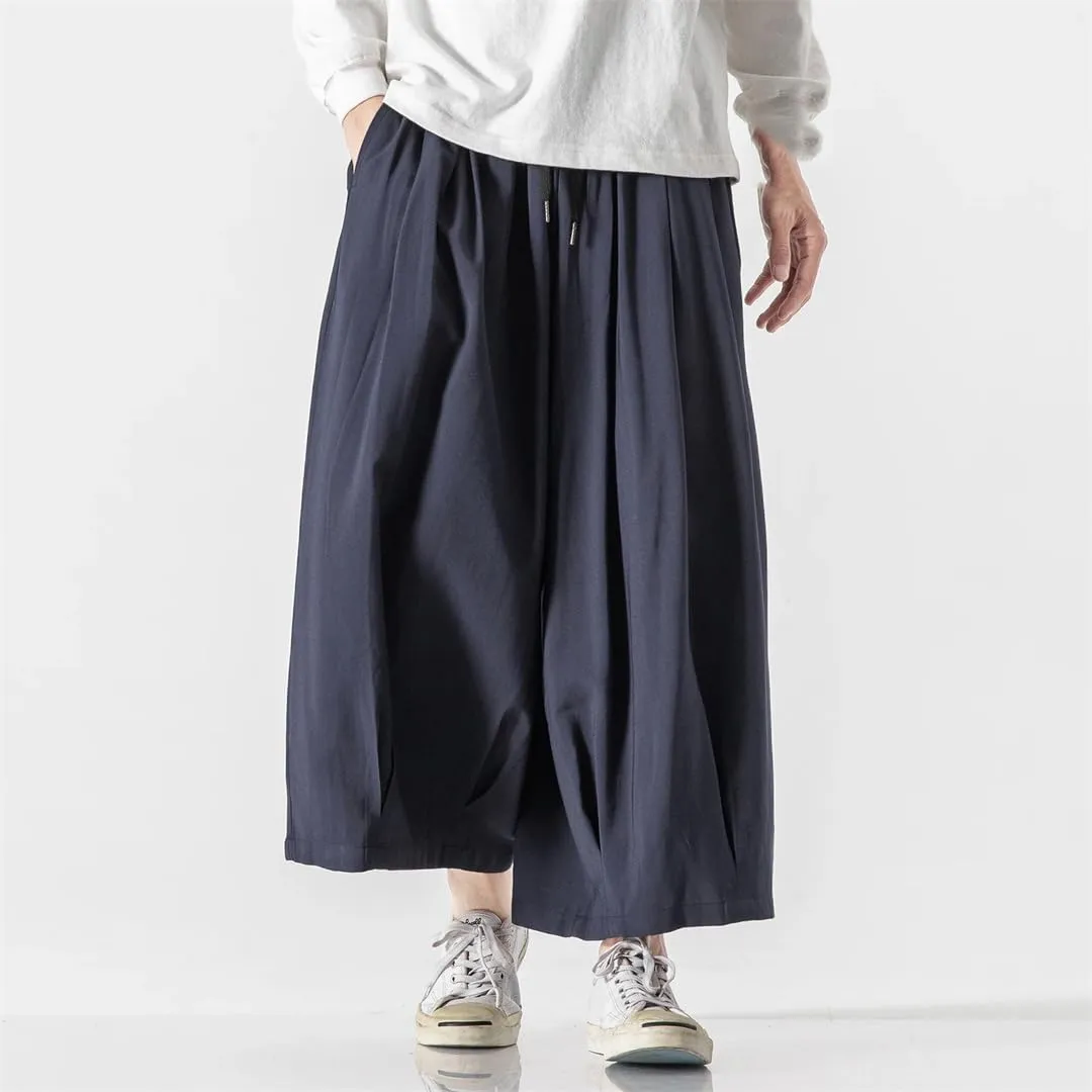 Men's Solid Cotton Hip-Hop Wide-Leg Pants, Loose Crotch Pants, Jogging Nine-Point Harem Pants