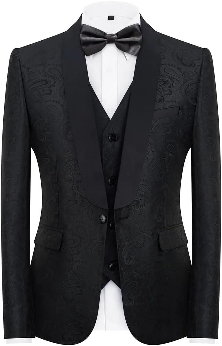 Mens Suits 3 Piece Slim Fit Tuxedo for Men Paisley Suit Prom Tux Shawl Lapel One Button Blazer Vest Pants Set