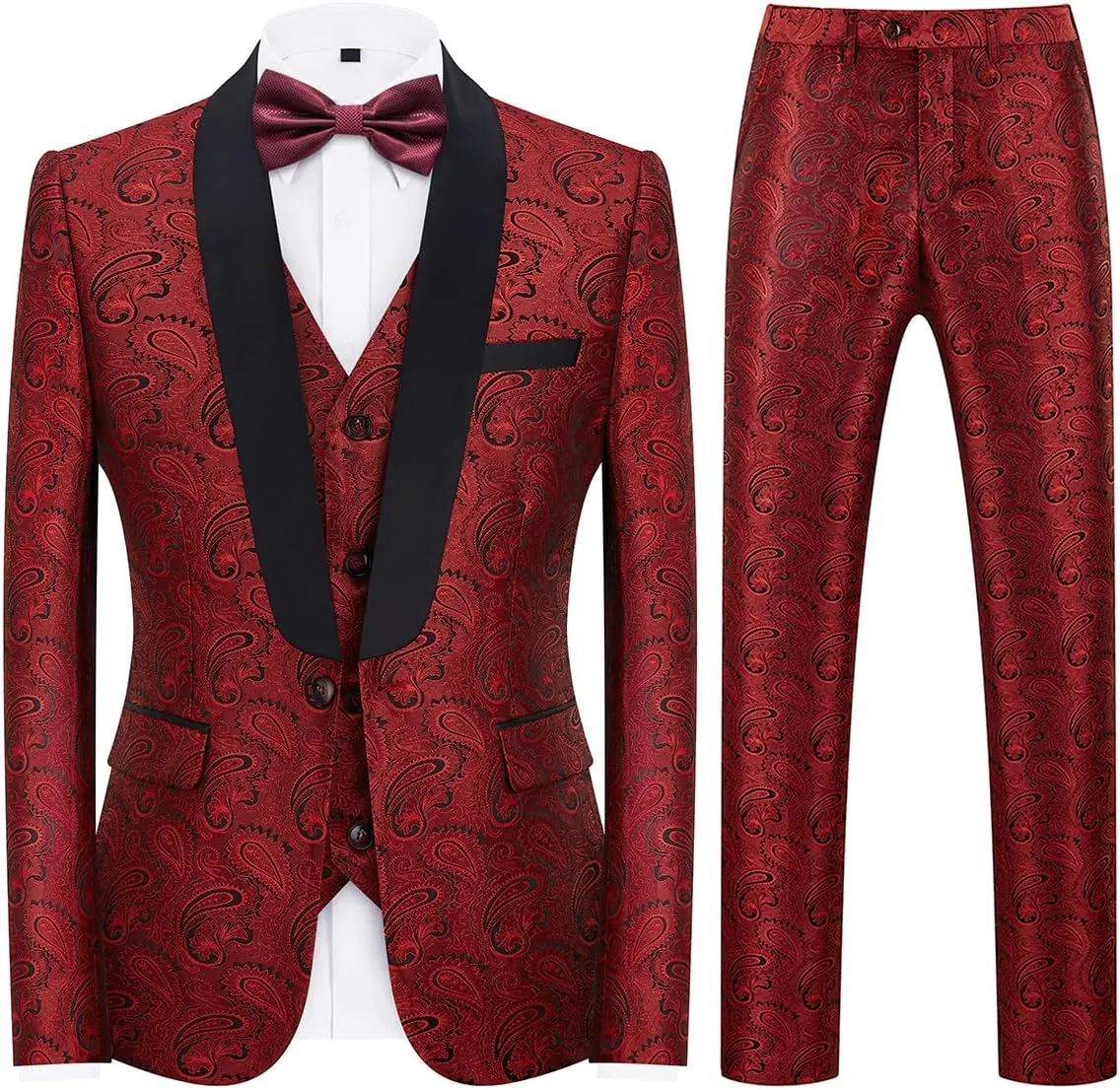 Mens Suits 3 Piece Slim Fit Tuxedo for Men Paisley Suit Prom Tux Shawl Lapel One Button Blazer Vest Pants Set