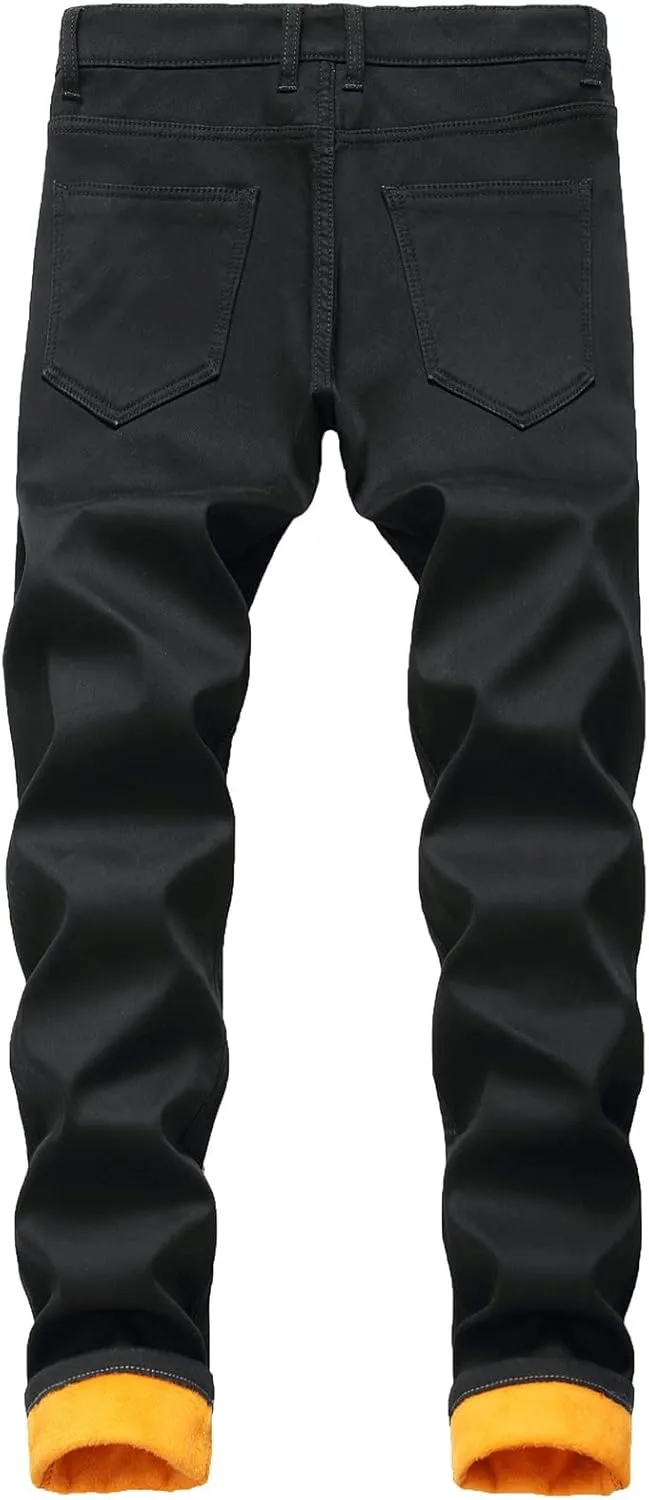 Men's Thermal Fleece Lined Jeans Slim Fit Thicken Stretch Warm Denim Pants Winter Skinny Straight Leg Jean Trousers
