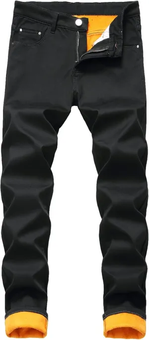 Men's Thermal Fleece Lined Jeans Slim Fit Thicken Stretch Warm Denim Pants Winter Skinny Straight Leg Jean Trousers