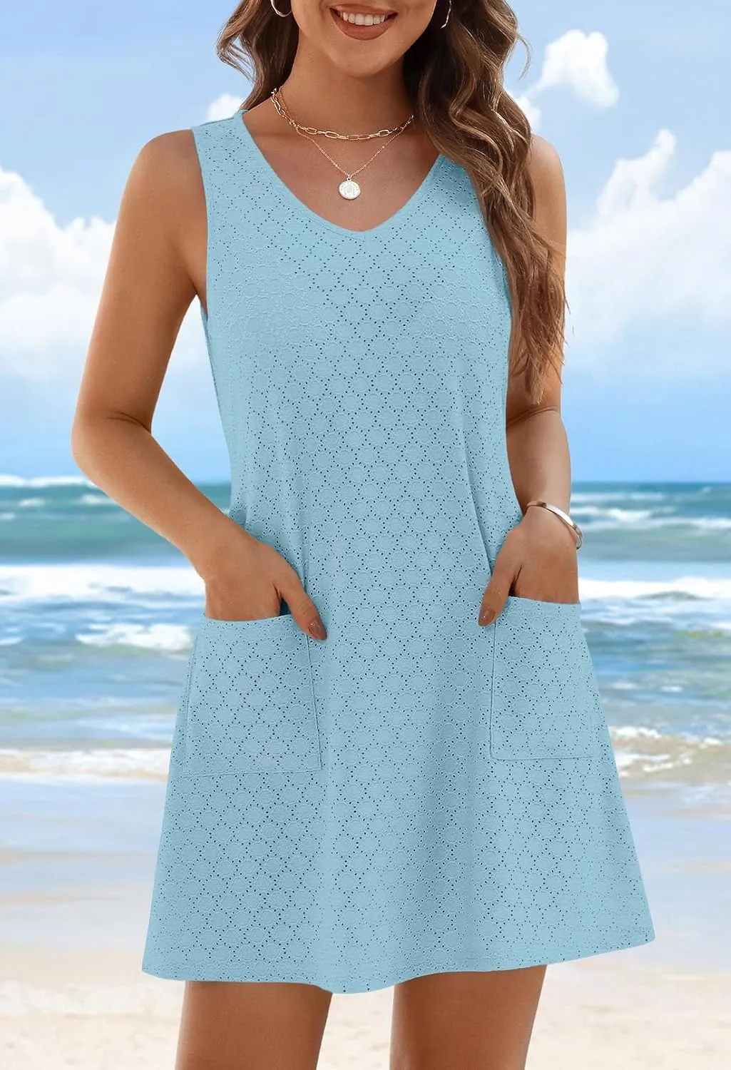 MEROKEETY Women's Summer Sleeveless Swimsuit Coverup 2025 Casual V Neck Eyelet Mini Dress Beach Sundresses