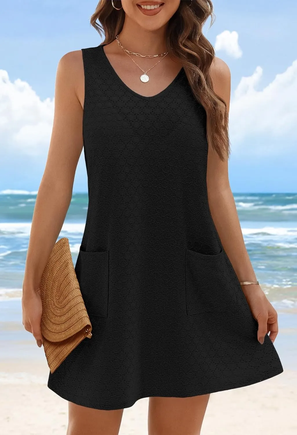 MEROKEETY Women's Summer Sleeveless Swimsuit Coverup 2025 Casual V Neck Eyelet Mini Dress Beach Sundresses