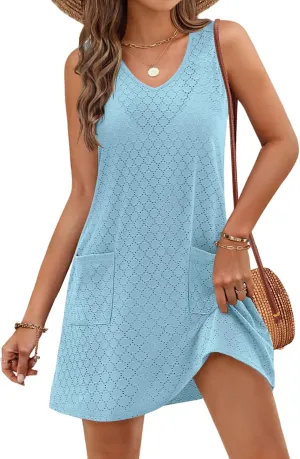 MEROKEETY Women's Summer Sleeveless Swimsuit Coverup 2025 Casual V Neck Eyelet Mini Dress Beach Sundresses