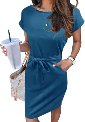 MEROKEETY Women's Summer Striped Short Sleeve T Shirt Dress Casual Tie Waist with Pockets