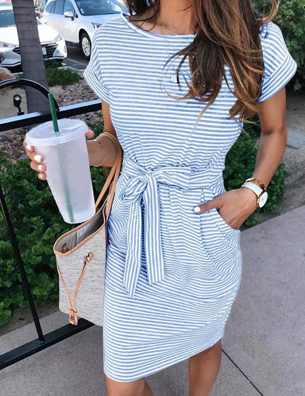 MEROKEETY Women's Summer Striped Short Sleeve T Shirt Dress Casual Tie Waist with Pockets